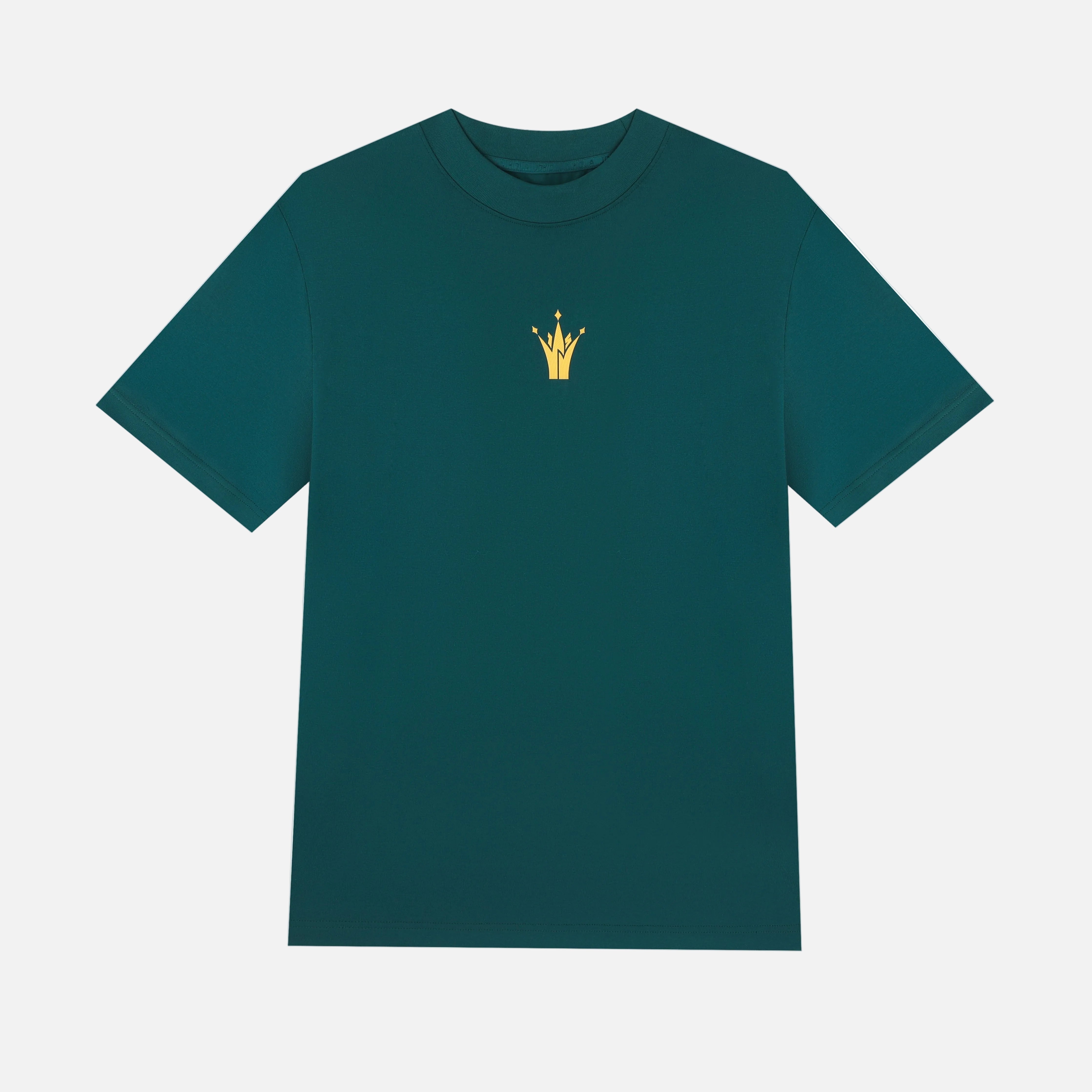 Green t-shirt with a gold logo on a white background
