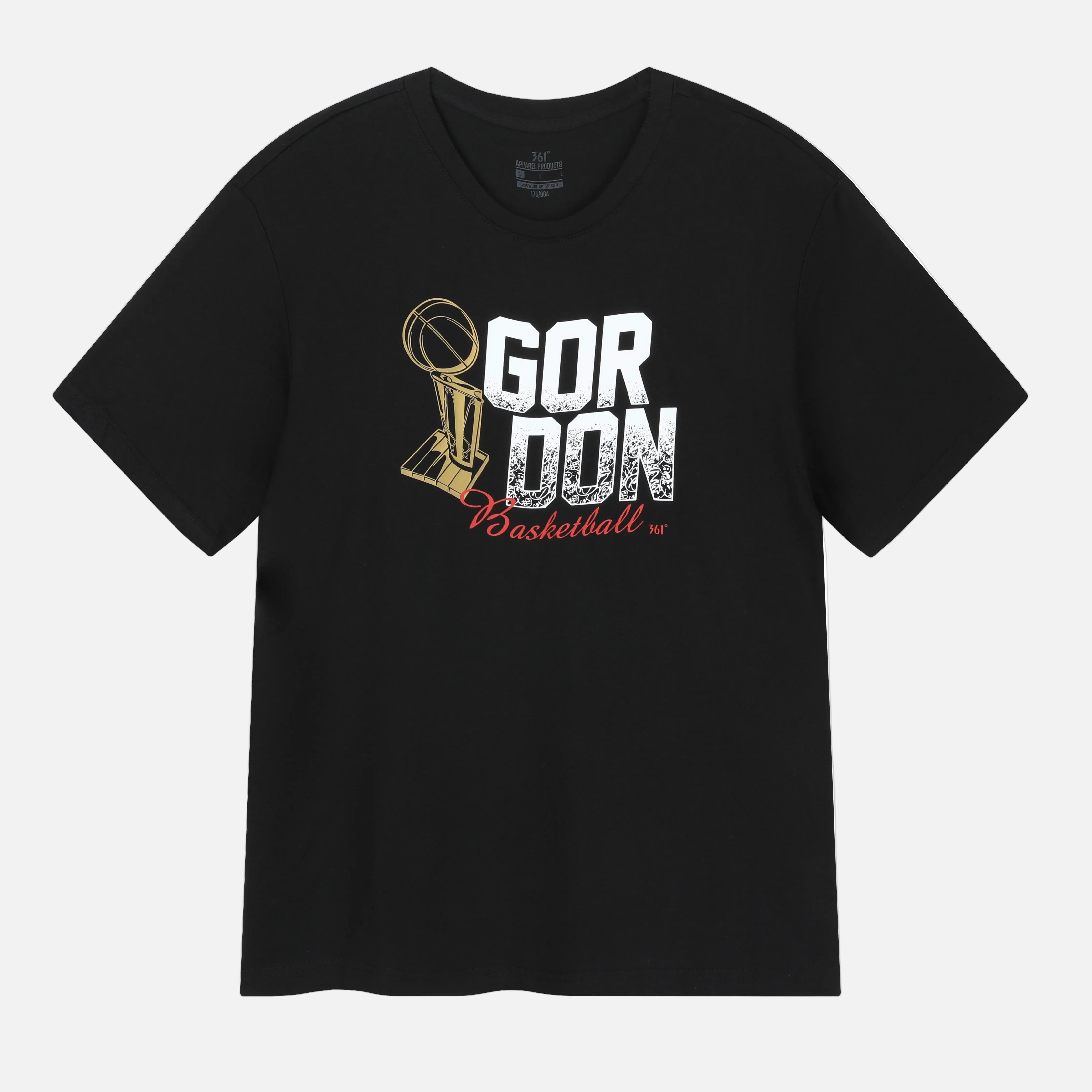 Black t-shirt with 'Gordon Basketball' graphic design on a white background