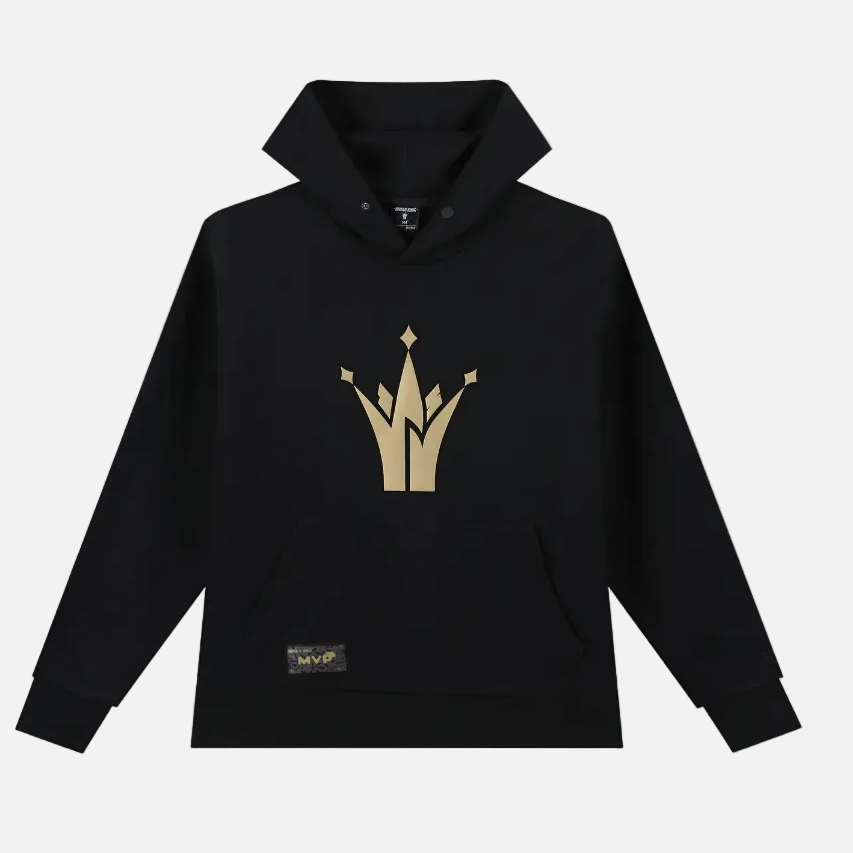 Black hoodie with gold logo on a white background