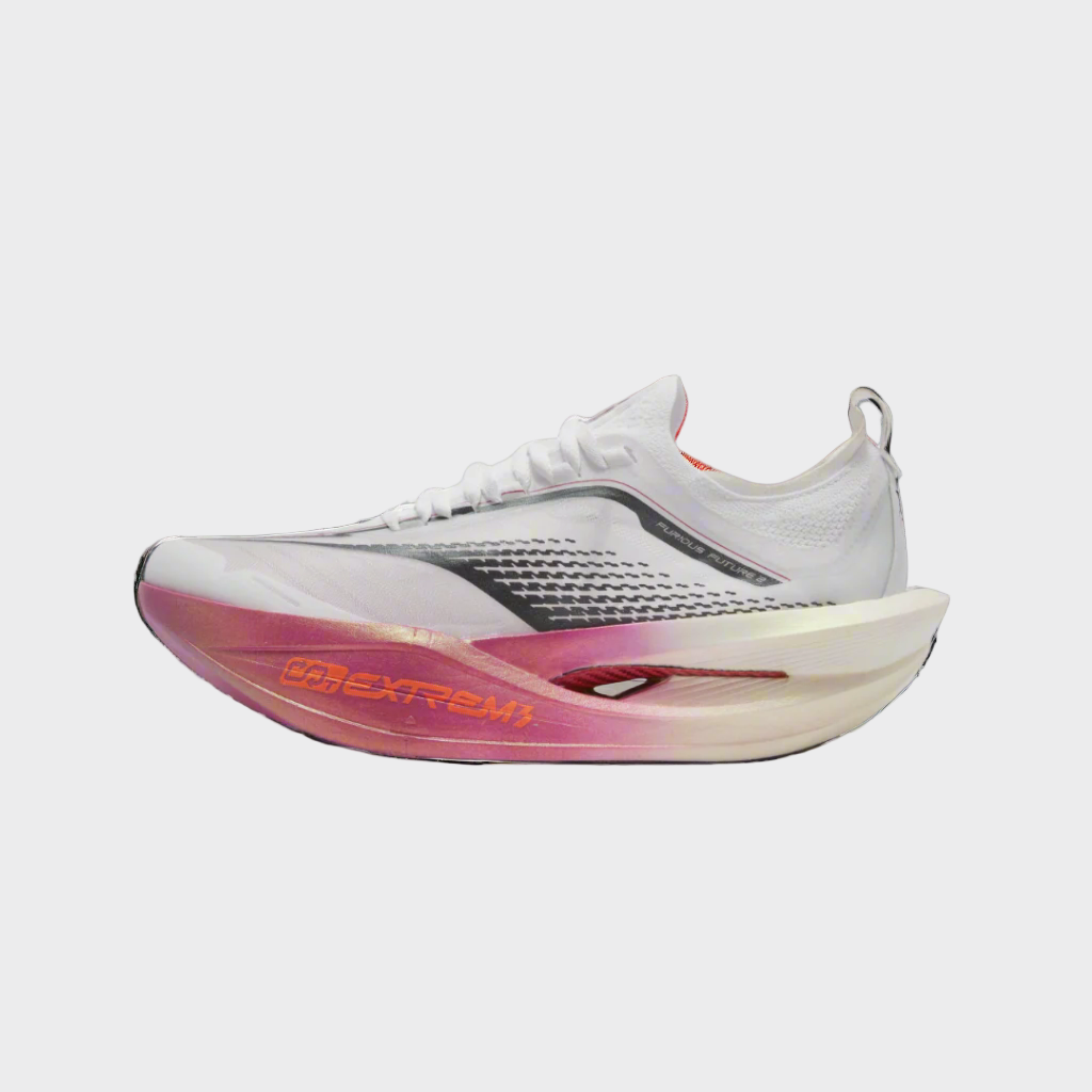 White running shoe with pink sole on a white background