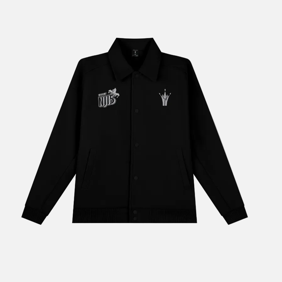 Black jacket with embroidered logos on a white background