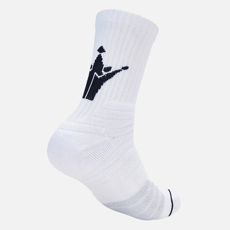 White sock with a black logo on a white background