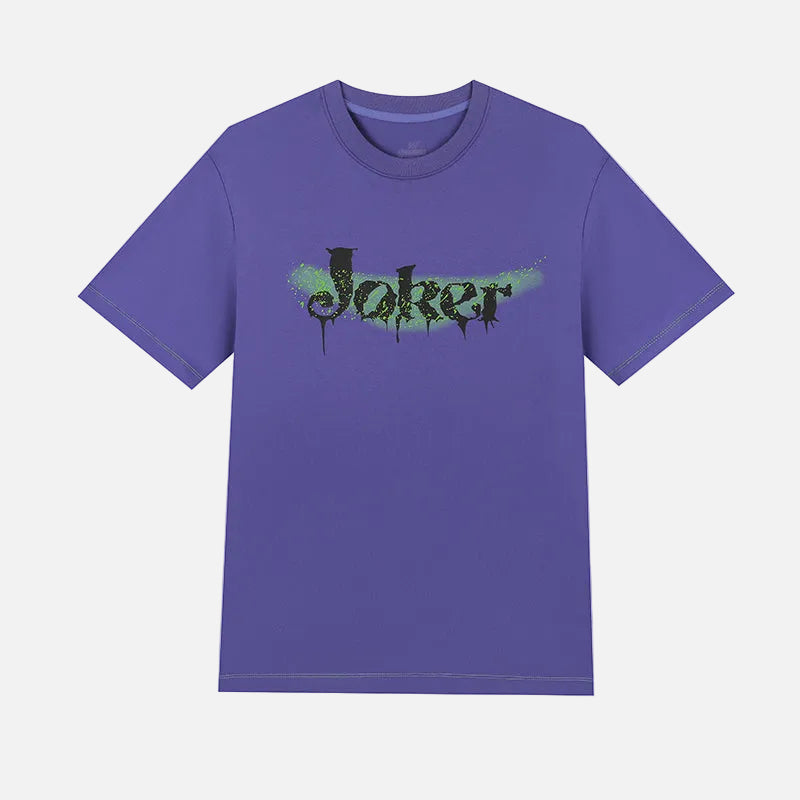 Purple t-shirt with 'Joker' graphic on a white background