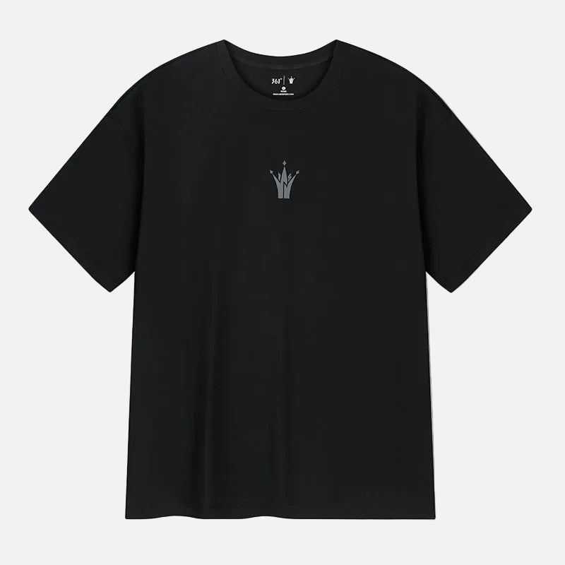 Black t-shirt with a small logo on a white background