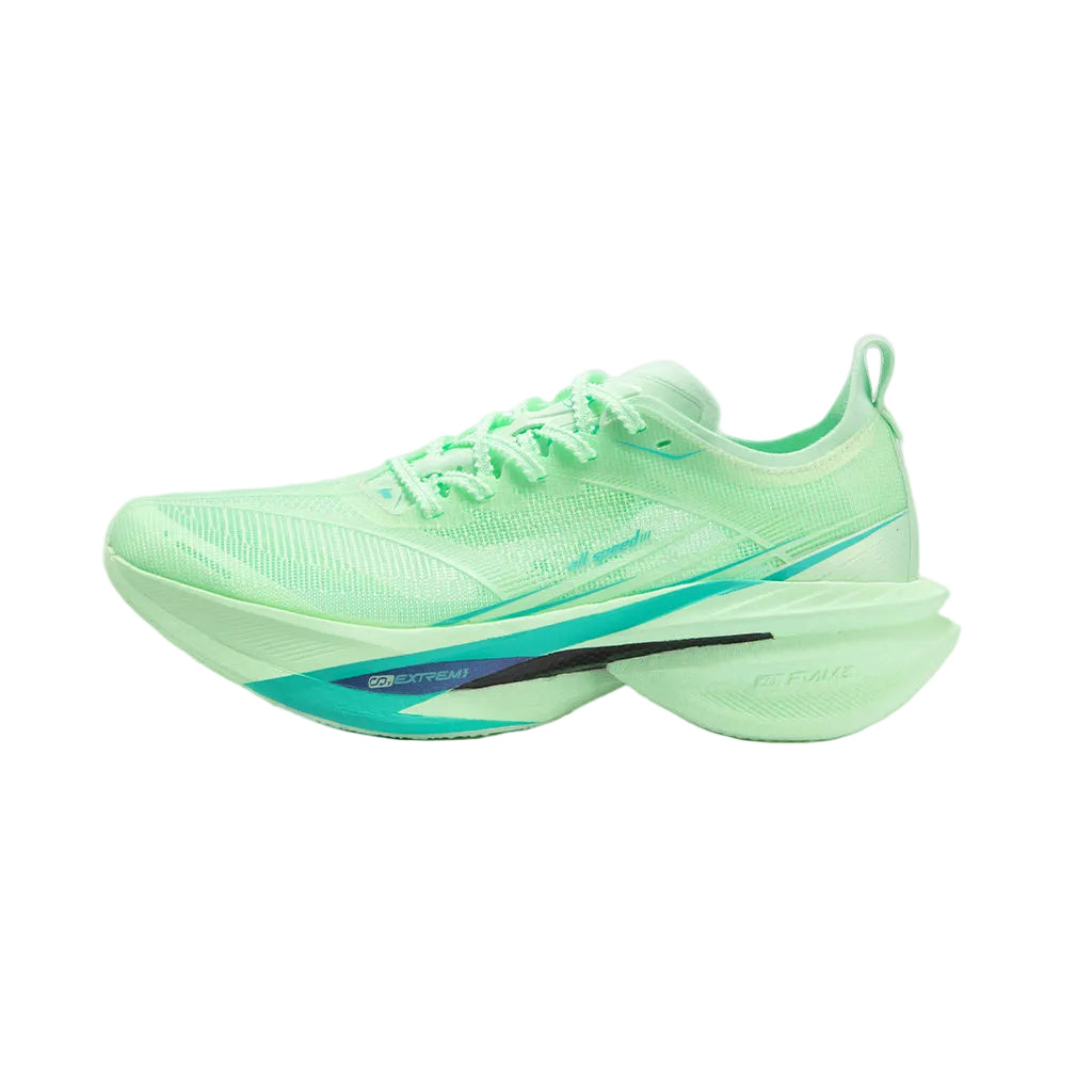 Neon green running shoe on a gray background
