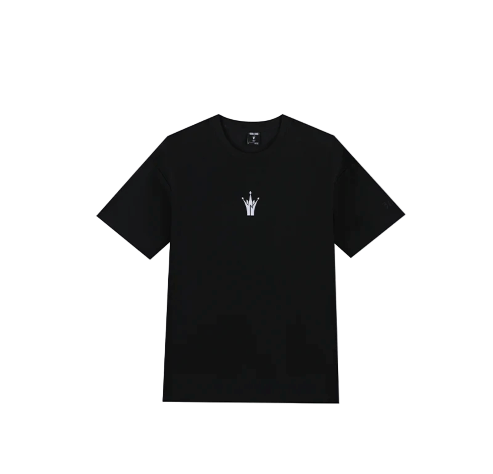 A black crew neck t-shirt with a small white logo on the left chest area.