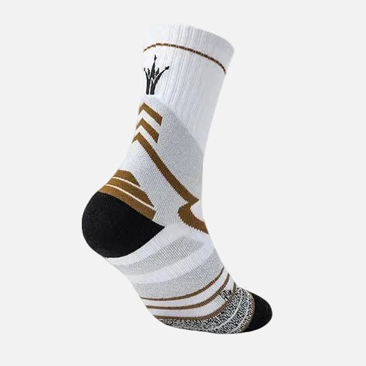 White sock with brown stripes and black toe on a white background