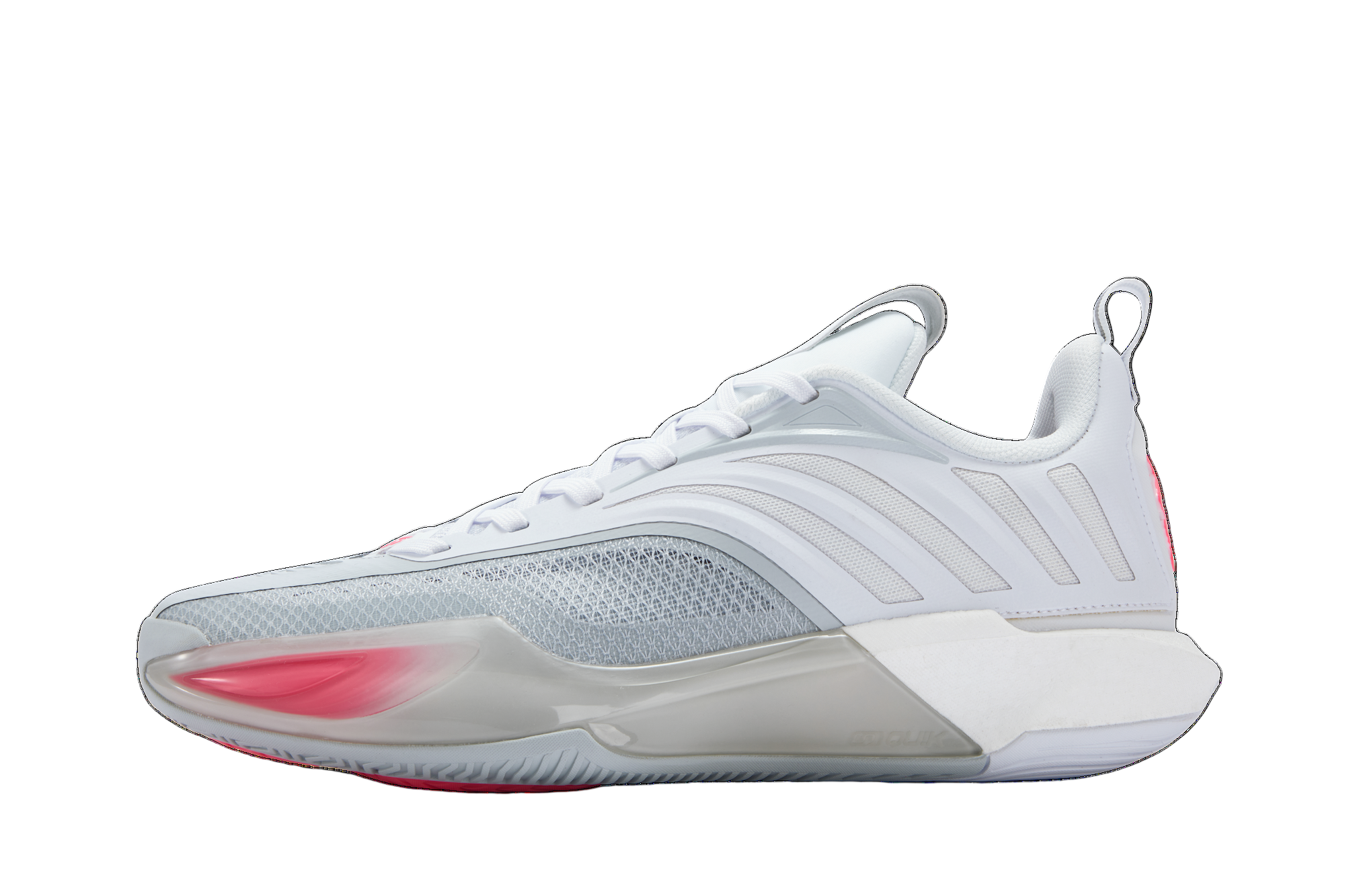 White athletic shoe with red accents on a white background