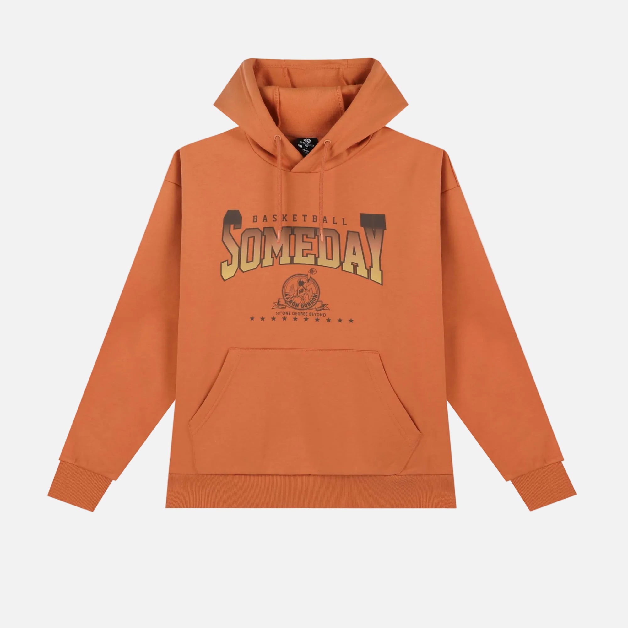 Orange hoodie with text 'SOMEDAY' printed on the front