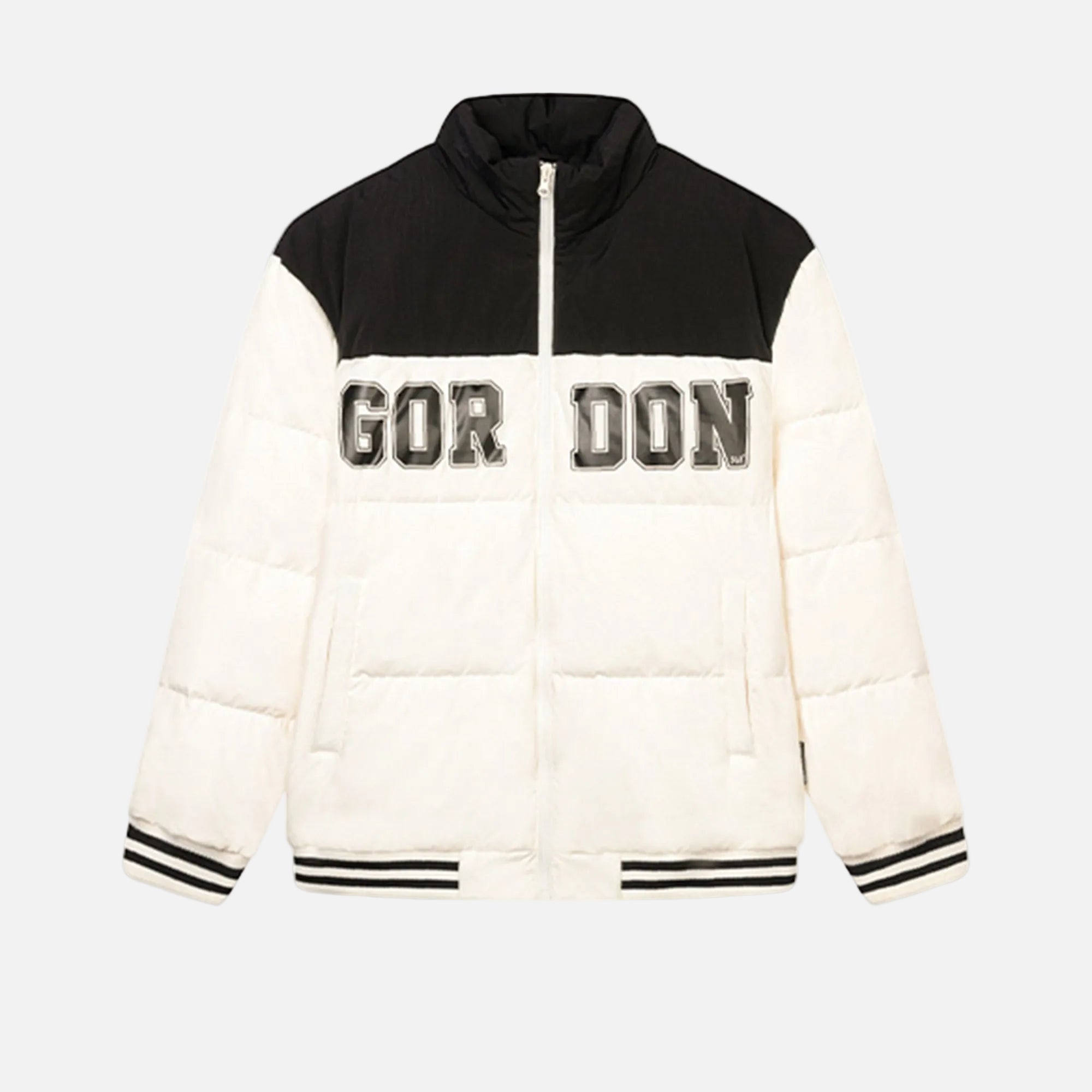 A black and white down jacket with 'GORDON' text on the chest, featuring a high collar and striped sleeves.
