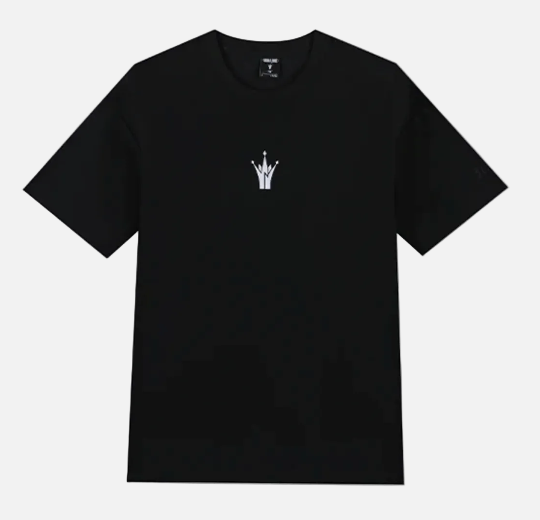 A black crew neck t-shirt with a small white logo on the left chest area.
